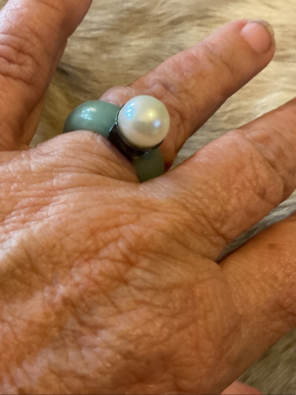 Elegant Green Jade Ring with White Pearl Accent in Sterling
